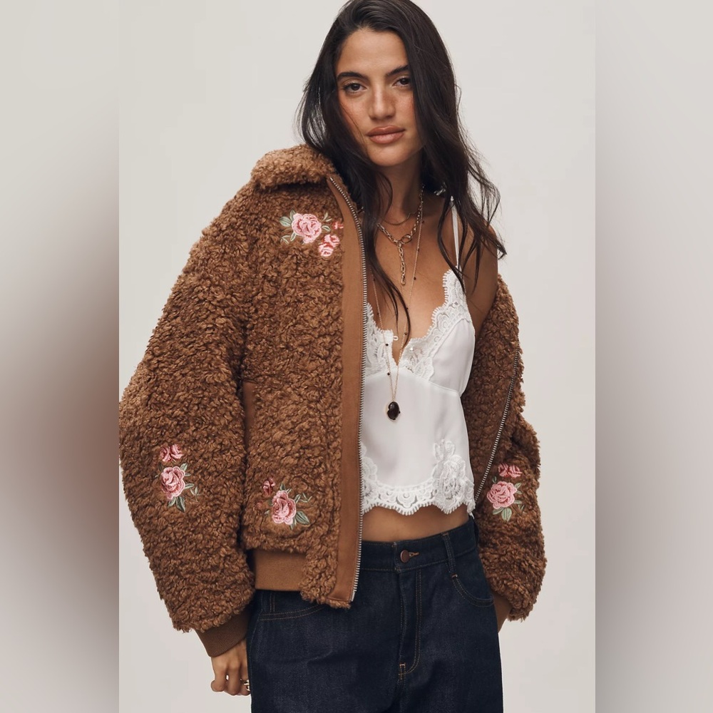 Anthropologie Floral Embroidered Sherpa Bomber Jacket